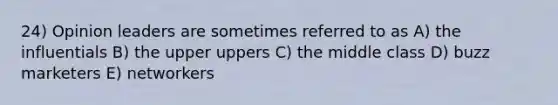 24) Opinion leaders are sometimes referred to as A) the influentials B) the upper uppers C) the middle class D) buzz marketers E) networkers