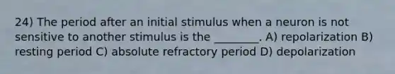 24) The period after an initial stimulus when a neuron is not sensitive to another stimulus is the ________. A) repolarization B) resting period C) absolute refractory period D) depolarization