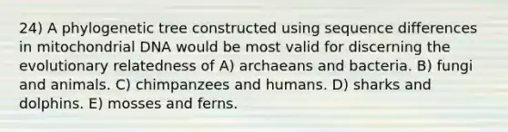 24) A phylogenetic tree constructed using sequence differences in mitochondrial DNA would be most valid for discerning the evolutionary relatedness of A) archaeans and bacteria. B) fungi and animals. C) chimpanzees and humans. D) sharks and dolphins. E) mosses and ferns.