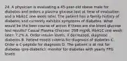 24. A physician is evaluating a 45-year-old obese male for diabetes and orders a plasma glucose test at time of evaluation and a HbA1C one week later. The patient has a family history of diabetes and currently exhibits symptoms of diabetes. What would be the best course of action if these are the blood glucose test results? Casual Plasma Glucose: 208 mg/dL HbA1C one week later: 7.2% A. Order insulin levels; if decreased, diagnose diabetes B. Patient meets criteria for diagnosis of diabetes C. Order a C-peptide for diagnosis D. The patient is at risk for diabetes (pre-diabetic); monitor for diabetes with yearly FPG levels