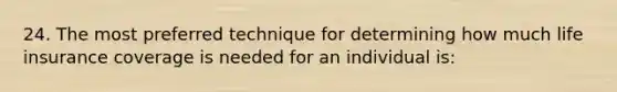 24. The most preferred technique for determining how much life insurance coverage is needed for an individual is: