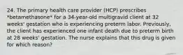 24. The primary health care provider (HCP) prescribes *betamethasone* for a 34-year-old multigravid client at 32 weeks' gestation who is experiencing preterm labor. Previously, the client has experienced one infant death due to preterm birth at 28 weeks' gestation. The nurse explains that this drug is given for which reason?