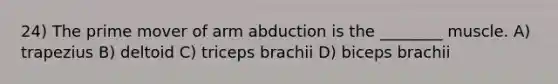 24) The prime mover of arm abduction is the ________ muscle. A) trapezius B) deltoid C) triceps brachii D) biceps brachii