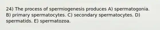 24) The process of spermiogenesis produces A) spermatogonia. B) primary spermatocytes. C) secondary spermatocytes. D) spermatids. E) spermatozoa.