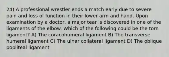 24) A professional wrestler ends a match early due to severe pain and loss of function in their lower arm and hand. Upon examination by a doctor, a major tear is discovered in one of the ligaments of the elbow. Which of the following could be the torn ligament? A) The coracohumeral ligament B) The transverse humeral ligament C) The ulnar collateral ligament D) The oblique popliteal ligament