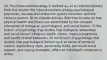 24. Psychoneuroimmunology is defined as: A) an interdisciplinary field that studies the interconnections among psychological processes, nervous and endocrine system functions, and the immune system. B) an interdisciplinary field that focuses on how physical health and illness are determined by the complex interaction of biological, psychological, and social factors. C) the branch of psychology that studies how biological, behavioral, and social factors influence health, illness, medical treatment, and health-related behaviors. D) the branch of psychology that studies how psychological factors such as sense of personal control, explanatory style, personality traits, perceived social support, and coping strategies, affect an individual's response to stress.