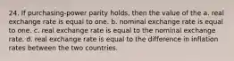 24. If purchasing-power parity holds, then the value of the a. real exchange rate is equal to one. b. nominal exchange rate is equal to one. c. real exchange rate is equal to the nominal exchange rate. d. real exchange rate is equal to the difference in inflation rates between the two countries.