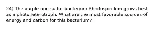 24) The purple non-sulfur bacterium Rhodospirillum grows best as a photoheterotroph. What are the most favorable sources of energy and carbon for this bacterium?