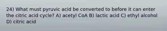 24) What must pyruvic acid be converted to before it can enter the citric acid cycle? A) acetyl CoA B) lactic acid C) ethyl alcohol D) citric acid