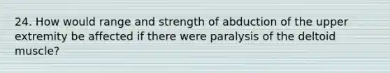 24. How would range and strength of abduction of the upper extremity be affected if there were paralysis of the deltoid muscle?