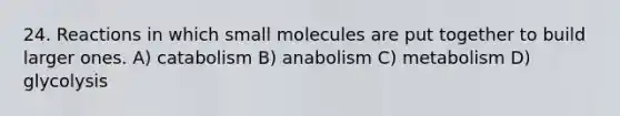 24. Reactions in which small molecules are put together to build larger ones. A) catabolism B) anabolism C) metabolism D) glycolysis