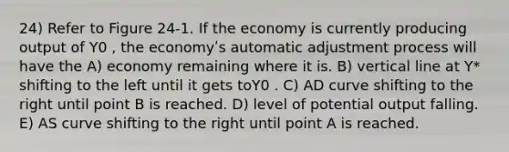 24) Refer to Figure 24-1. If the economy is currently producing output of Y0 , the economyʹs automatic adjustment process will have the A) economy remaining where it is. B) vertical line at Y* shifting to the left until it gets toY0 . C) AD curve shifting to the right until point B is reached. D) level of potential output falling. E) AS curve shifting to the right until point A is reached.