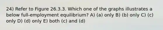 24) Refer to Figure 26.3.3. Which one of the graphs illustrates a below full-employment equilibrium? A) (a) only B) (b) only C) (c) only D) (d) only E) both (c) and (d)