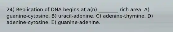 24) Replication of DNA begins at a(n) ________ rich area. A) guanine-cytosine. B) uracil-adenine. C) adenine-thymine. D) adenine-cytosine. E) guanine-adenine.