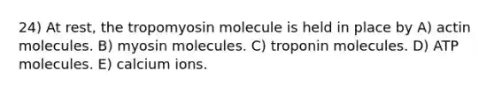 24) At rest, the tropomyosin molecule is held in place by A) actin molecules. B) myosin molecules. C) troponin molecules. D) ATP molecules. E) calcium ions.