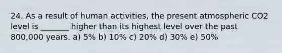 24. As a result of human activities, the present atmospheric CO2 level is _______ higher than its highest level over the past 800,000 years. a) 5% b) 10% c) 20% d) 30% e) 50%