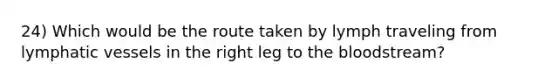 24) Which would be the route taken by lymph traveling from lymphatic vessels in the right leg to the bloodstream?