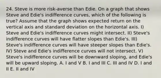 24. Steve is more risk-averse than Edie. On a graph that shows Steve and Edie's indifference curves, which of the following is true? Assume that the graph shows expected return on the vertical axis and standard deviation on the horizontal axis. I) Steve and Edie's indifference curves might intersect. II) Steve's indifference curves will have flatter slopes than Edie's. III) Steve's indifference curves will have steeper slopes than Edie's. IV) Steve and Edie's indifference curves will not intersect. V) Steve's indifference curves will be downward sloping, and Edie's will be upward sloping. A. I and V B. I and III C. III and IV D. I and II E. II and IV