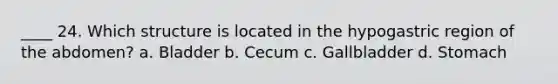 ____ 24. Which structure is located in the hypogastric region of the abdomen? a. Bladder b. Cecum c. Gallbladder d. Stomach