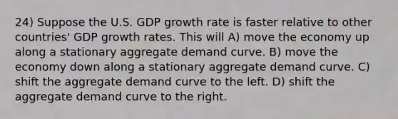 24) Suppose the U.S. GDP growth rate is faster relative to other countries' GDP growth rates. This will A) move the economy up along a stationary aggregate demand curve. B) move the economy down along a stationary aggregate demand curve. C) shift the aggregate demand curve to the left. D) shift the aggregate demand curve to the right.