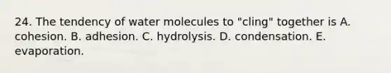 24. The tendency of water molecules to "cling" together is A. cohesion. B. adhesion. C. hydrolysis. D. condensation. E. evaporation.