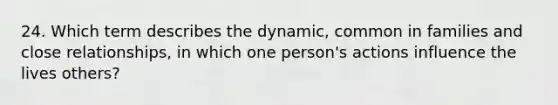 24. Which term describes the dynamic, common in families and close relationships, in which one person's actions influence the lives others?