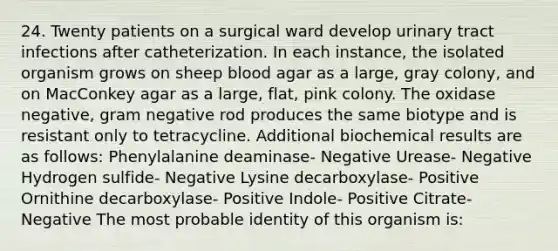 24. Twenty patients on a surgical ward develop urinary tract infections after catheterization. In each instance, the isolated organism grows on sheep blood agar as a large, gray colony, and on MacConkey agar as a large, flat, pink colony. The oxidase negative, gram negative rod produces the same biotype and is resistant only to tetracycline. Additional biochemical results are as follows: Phenylalanine deaminase- Negative Urease- Negative Hydrogen sulfide- Negative Lysine decarboxylase- Positive Ornithine decarboxylase- Positive Indole- Positive Citrate- Negative The most probable identity of this organism is: