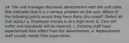 24. The unit manager discusses absenteeism with the unit clerk. She indicates that it is a serious problem on the unit. Which of the following points would they have likely discussed? (Select all that apply.) a. Employee morale is at a high level. b. Care will suffer and standards will be lowered. c. Existing staff have experienced little effect from the absenteeism. d. Replacement staff usually needs little supervision.