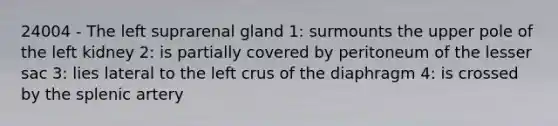 24004 - The left suprarenal gland 1: surmounts the upper pole of the left kidney 2: is partially covered by peritoneum of the lesser sac 3: lies lateral to the left crus of the diaphragm 4: is crossed by the splenic artery