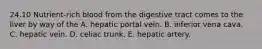 24.10 Nutrient-rich blood from the digestive tract comes to the liver by way of the A. hepatic portal vein. B. inferior vena cava. C. hepatic vein. D. celiac trunk. E. hepatic artery.