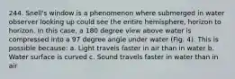 244. Snell's window is a phenomenon where submerged in water observer looking up could see the entire hemisphere, horizon to horizon. In this case, a 180 degree view above water is compressed into a 97 degree angle under water (Fig. 4). This is possible because: a. Light travels faster in air than in water b. Water surface is curved c. Sound travels faster in water than in air