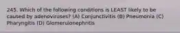 245. Which of the following conditions is LEAST likely to be caused by adenoviruses? (A) Conjunctivitis (B) Pneumonia (C) Pharyngitis (D) Glomerulonephritis