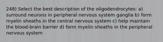 248) Select the best description of the oligodendrocytes: a) surround neurons in peripheral nervous system ganglia b) form myelin sheaths in the central nervous system c) help maintain the blood-brain barrier d) form myelin sheaths in the peripheral nervous system