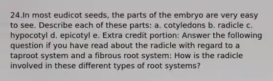 24.In most eudicot seeds, the parts of the embryo are very easy to see. Describe each of these parts: a. cotyledons b. radicle c. hypocotyl d. epicotyl e. Extra credit portion: Answer the following question if you have read about the radicle with regard to a taproot system and a fibrous root system: How is the radicle involved in these different types of root systems?