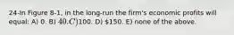 24-In Figure 8-1, in the long-run the firm's economic profits will equal: A) 0. B) 40. C)100. D) 150. E) none of the above.