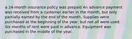 a 24-month insurance policy was prepaid An advance payment was received from a customer earlier in the month, but only partially earned by the end of the month. Supplies were purchased at the beginning of the year, but not all were used. Six months of rent were paid in advance. Equipment was purchased in the middle of the year.