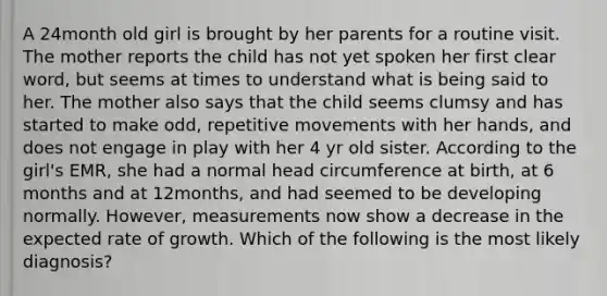 A 24month old girl is brought by her parents for a routine visit. The mother reports the child has not yet spoken her first clear word, but seems at times to understand what is being said to her. The mother also says that the child seems clumsy and has started to make odd, repetitive movements with her hands, and does not engage in play with her 4 yr old sister. According to the girl's EMR, she had a normal head circumference at birth, at 6 months and at 12months, and had seemed to be developing normally. However, measurements now show a decrease in the expected rate of growth. Which of the following is the most likely diagnosis?