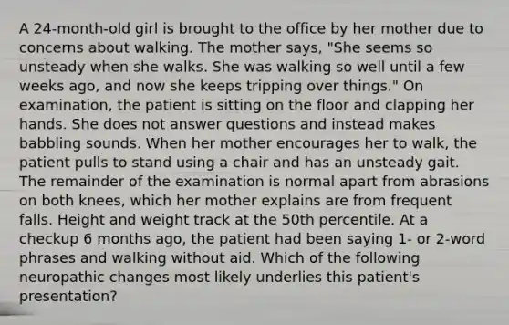 A 24-month-old girl is brought to the office by her mother due to concerns about walking. The mother says, "She seems so unsteady when she walks. She was walking so well until a few weeks ago, and now she keeps tripping over things." On examination, the patient is sitting on the floor and clapping her hands. She does not answer questions and instead makes babbling sounds. When her mother encourages her to walk, the patient pulls to stand using a chair and has an unsteady gait. The remainder of the examination is normal apart from abrasions on both knees, which her mother explains are from frequent falls. Height and weight track at the 50th percentile. At a checkup 6 months ago, the patient had been saying 1- or 2-word phrases and walking without aid. Which of the following neuropathic changes most likely underlies this patient's presentation?