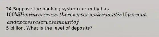 24.Suppose the banking system currently has 100 billion in reserves, the reserve requirement is 10 percent, and excess reserves amount of5 billion. What is the level of deposits?