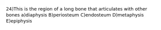 24)This is the region of a long bone that articulates with other bones a)diaphysis B)periosteum C)endosteum D)metaphysis E)epiphysis