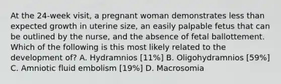 At the 24-week visit, a pregnant woman demonstrates less than expected growth in uterine size, an easily palpable fetus that can be outlined by the nurse, and the absence of fetal ballottement. Which of the following is this most likely related to the development of? A. Hydramnios [11%] B. Oligohydramnios [59%] C. Amniotic fluid embolism [19%] D. Macrosomia