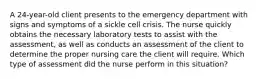 A 24-year-old client presents to the emergency department with signs and symptoms of a sickle cell crisis. The nurse quickly obtains the necessary laboratory tests to assist with the assessment, as well as conducts an assessment of the client to determine the proper nursing care the client will require. Which type of assessment did the nurse perform in this situation?