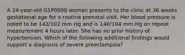 A 24-year-old G1P0000 woman presents to the clinic at 36 weeks gestational age for a routine prenatal visit. Her blood pressure is noted to be 142/102 mm Hg and is 146/104 mm Hg on repeat measurement 4 hours later. She has no prior history of hypertension. Which of the following additional findings would support a diagnosis of severe preeclampsia?