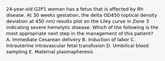 24-year-old G2P1 woman has a fetus that is affected by Rh disease. At 30 weeks gestation, the delta OD450 (optical density deviation at 450 nm) results plot on the Liley curve in Zone 3 indicating severe hemolytic disease. Which of the following is the most appropriate next step in the management of this patient? A. Immediate Cesarean delivery B. Induction of labor C. Intrauterine intravascular fetal transfusion D. Umbilical blood sampling E. Maternal plasmapheresis