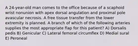 A 24-year-old man comes to the office because of a scaphoid wrist nonunion with apex dorsal angulation and proximal pole avascular necrosis. A free tissue transfer from the lower extremity is planned. A branch of which of the following arteries supplies the most appropriate flap for this patient? A) Dorsalis pedis B) Genicular C) Lateral femoral circumflex D) Medial sural E) Peroneal