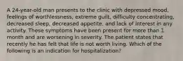 A 24-year-old man presents to the clinic with depressed mood, feelings of worthlessness, extreme guilt, difficulty concentrating, decreased sleep, decreased appetite, and lack of interest in any activity. These symptoms have been present for more than 1 month and are worsening in severity. The patient states that recently he has felt that life is not worth living. Which of the following is an indication for hospitalization?