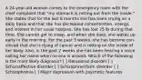 A 24-year-old woman comes to the emergency room with the chief complaint that "my stomach is rotting out from the inside." She states that for the last 6 months she has been crying on a daily basis and that she has decreased concentration, energy, and interest in her usual hobbies. She has lost 25 lb during that time. She cannot get to sleep, and when she does, she wakes up early in the morning. For the past 3 weeks, she has become con- vinced that she is dying of cancer and is rotting on the inside of her body. Also, in the past 2 weeks she has been hearing a voice calling her name when no one is around. Which of the following is the most likely diagnosis? [ ] Delusional disorder [ ] Schizoaffective disorder [ ] Schizophreniform disorder [ ] Schizophrenia [ ] Major depression with psychotic features