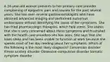 A 24-year-old woman presents to her primary care provider complaining of epigastric pain and nausea for the past several years. She has seen several gastroenterologists who have obtained advanced imaging and performed numerous endoscopies without identifying the cause of her symptoms. She has tried pharmacologic therapies, which help some. She states that she is very concerned about these symptoms and frustrated with the health care providers she has seen. She says that she loses sleep and has been unable to function at work because she spends most of her day reading about her symptoms. Which of the following is the most likely diagnosis? Conversion disorder Illness anxiety disorder Obsessive-compulsive disorder Somatic symptom disorder