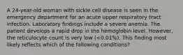 A 24-year-old woman with sickle cell disease is seen in the emergency department for an acute upper respiratory tract infection. Laboratory findings include a severe anemia. The patient develops a rapid drop in the hemoglobin level. However, the reticulocyte count is very low (<0.01%). This finding most likely reflects which of the following conditions?