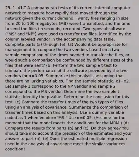 25. 1. 41-T A company ran tests of its current internal computer network to measure how rapidly data moved through the network given the current demand. Twenty files ranging in size from 20 to 100 megabytes​ (MB) were​ transmitted, and the time to send the files​ (in seconds) recorded. Two types of software​ ("MS" and​ "NP") were used to transfer the​ files, identified by the column labeled Vendor in the accompanying data table. Complete parts​ (a) through​ (e). (a) Would it be appropriate for management to compare the two vendors based on a​ two-sample comparison of the times needed to transfer the​ files, or would such a comparison be confounded by different sizes of the files that were​ sent? (b) Perform the​ two-sample t-test to compare the performance of the software provided by the two vendors for α=0.05. Summarize this​ analysis, assuming that there are no lurking variables. Find the sample​ statistic, x1−x2. Let sample 1 correspond to the NP vendor and sample 2 correspond to the MS vendor. Determine the​ two-sample t-statistic. Identify the​ p-value. Determine the conclusion for this test. (c) Compare the transfer times of the two types of files using an analysis of covariance. Summarize the comparison of transfer times based on this analysis. Use a dummy variable coded as 1 when Vendor=​"MS." Use α=0.05. ​(Assume for the moment that the model meets the conditions for the​ MRM.) ​(d) Compare the results from parts​ (b) and​ (c). Do they​ agree? You should take into account the precision of the estimates and your answer to part​ (a). ​(e) Does the estimated multiple regression used in the analysis of covariance meet the similar variances​ condition?